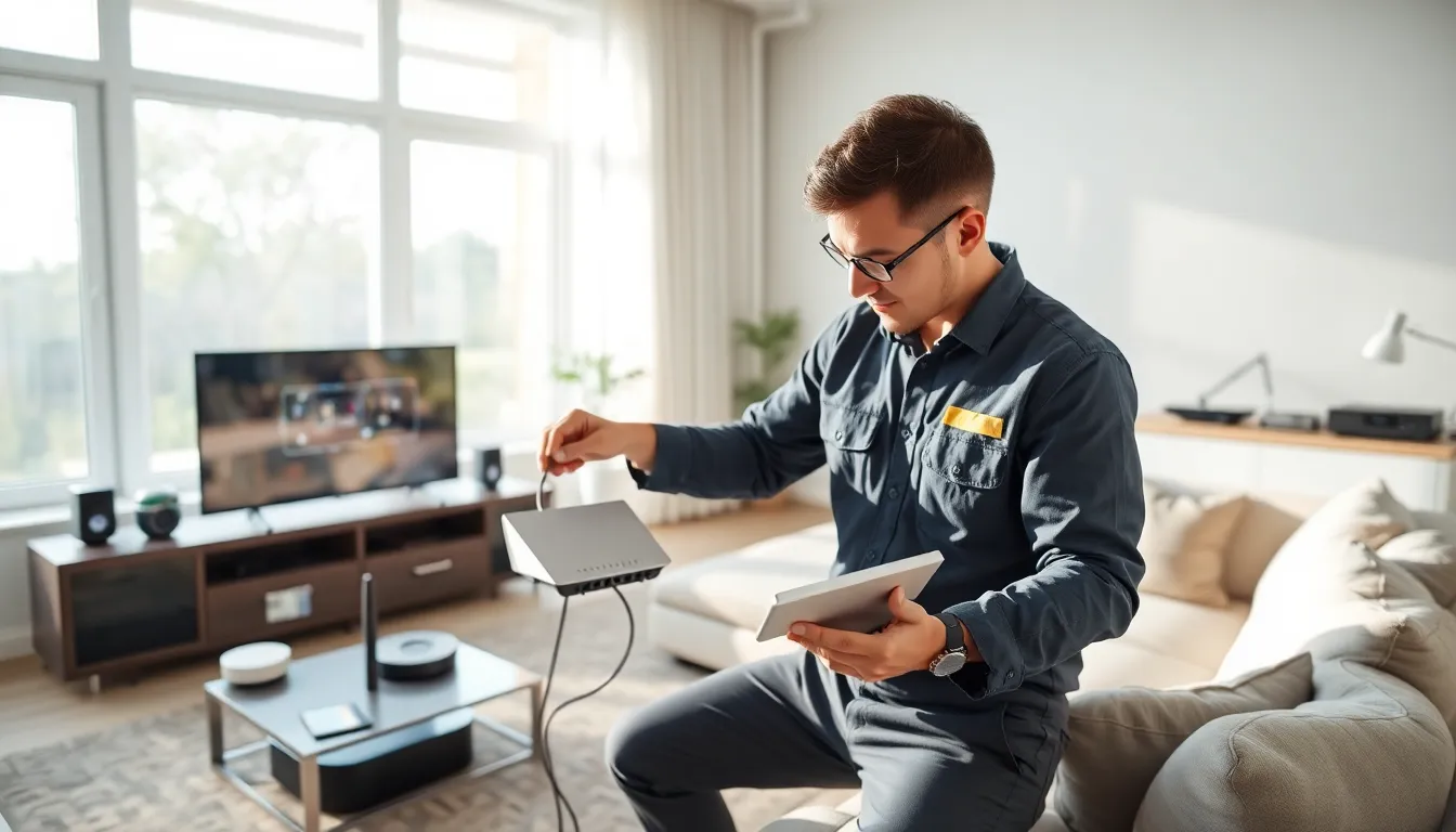 Technician installing home networking equipment in a modern living room.