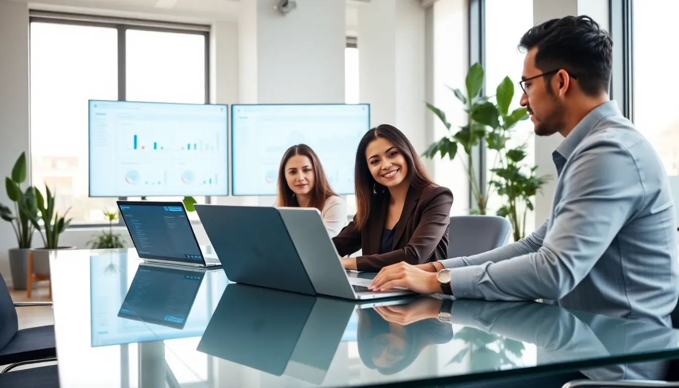 diverse professionals collaborating over Azure DevOps tools in a modern office.