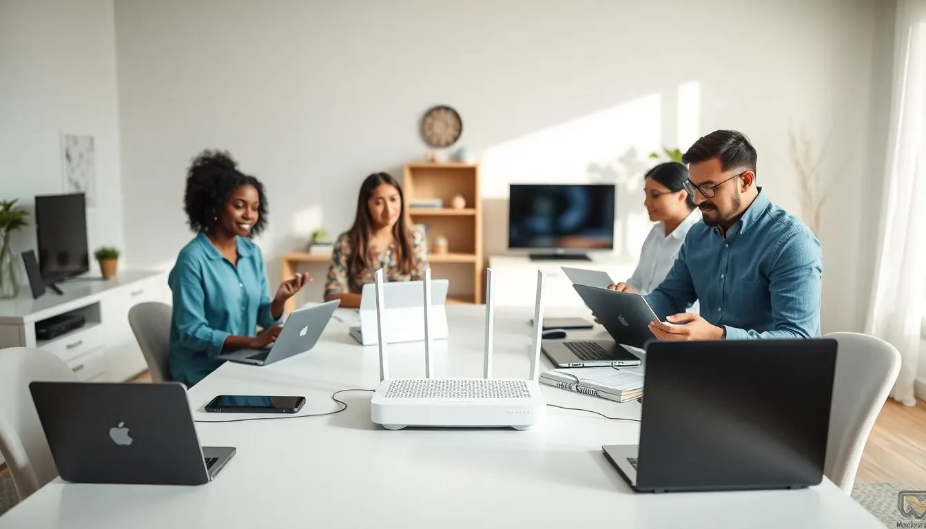 professionals discussing home networking in a modern office.
