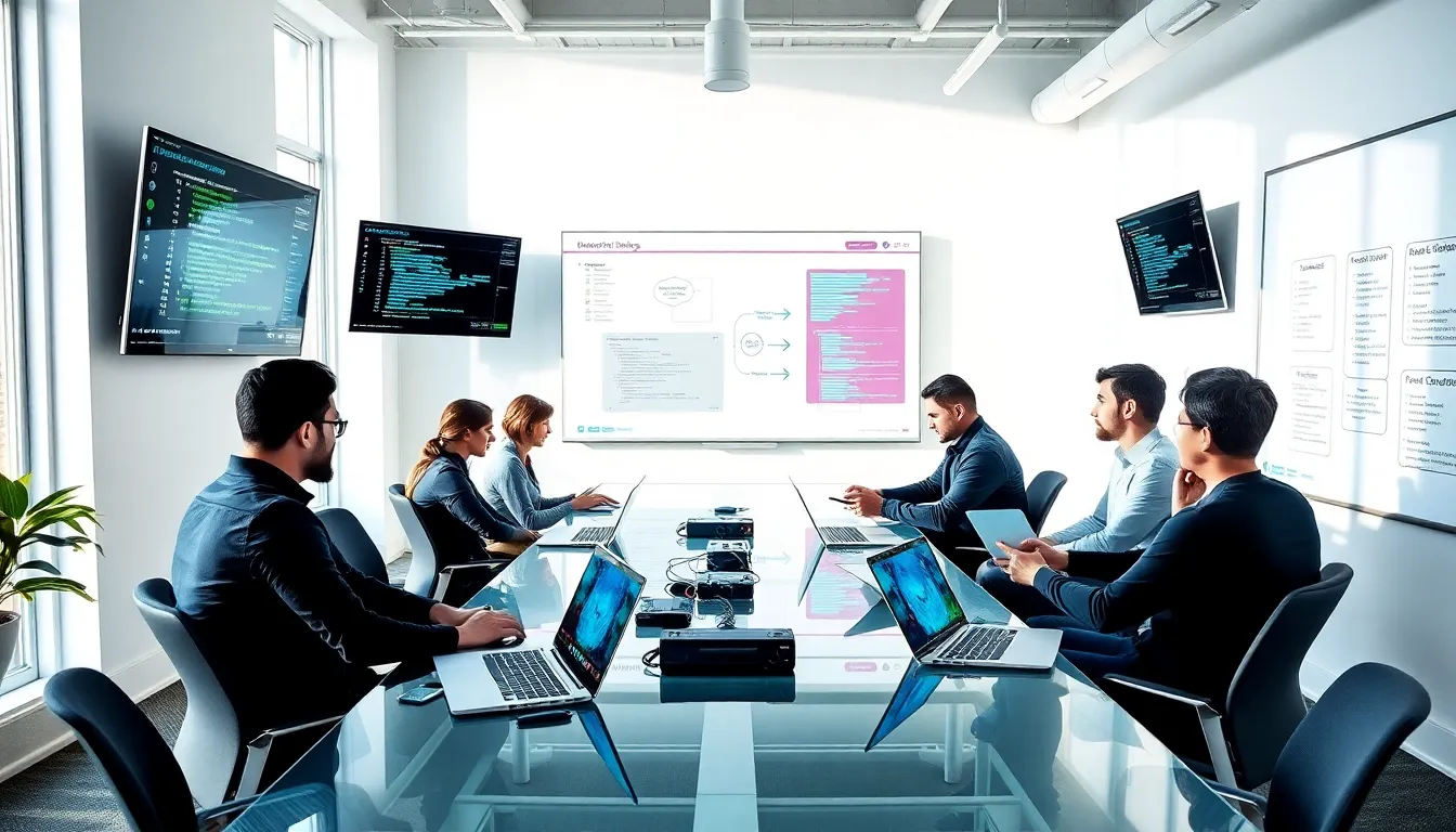diverse team collaborating on DevOps testing in a modern office.