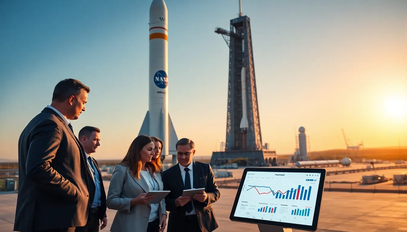Engineers discussing space travel technology in front of a rocket launchpad.