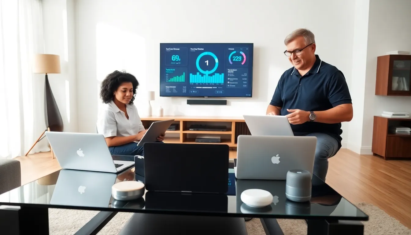 professionals collaborating on home networking solutions in a modern living room.