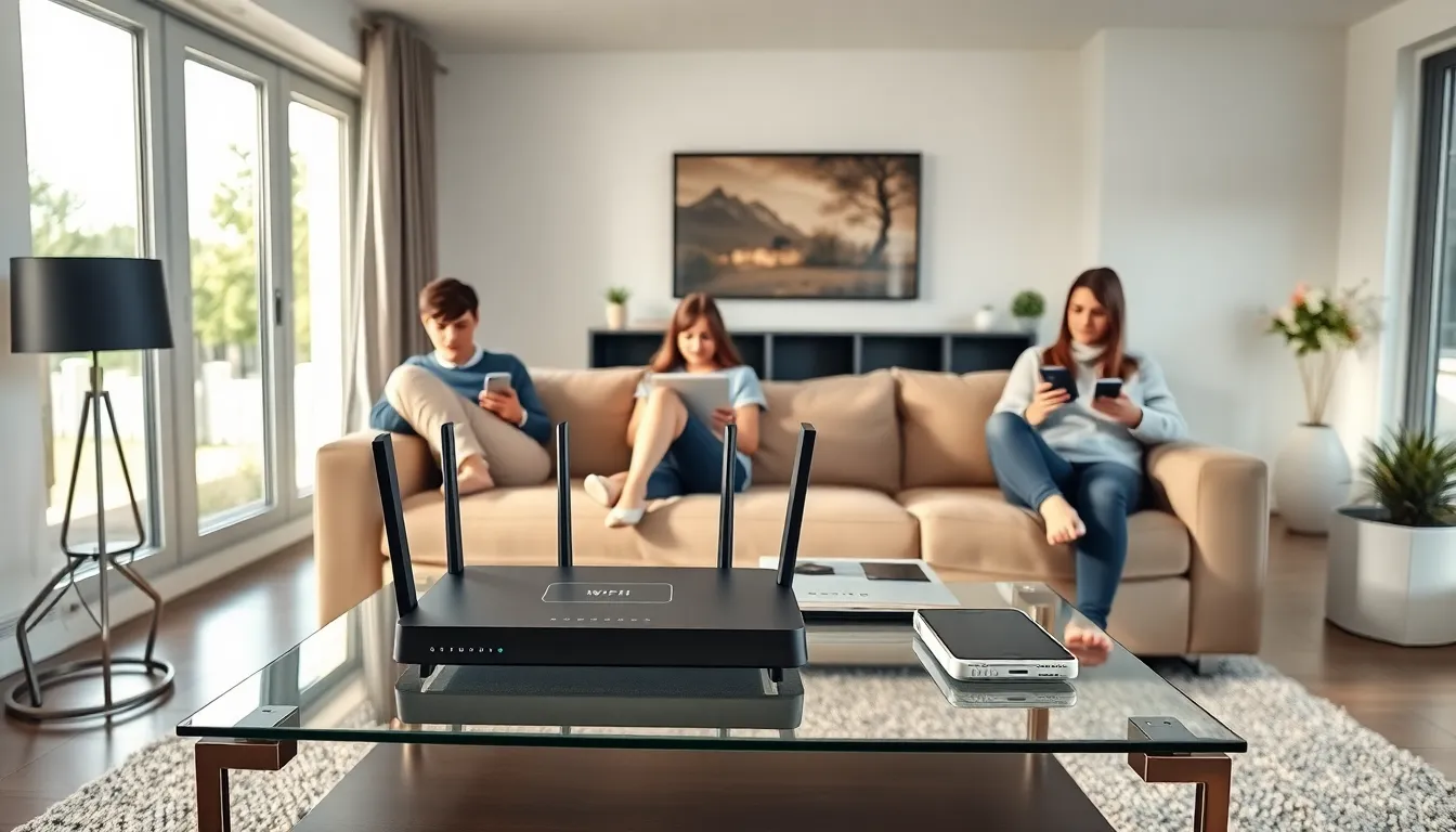modern living room with family using various smart devices.